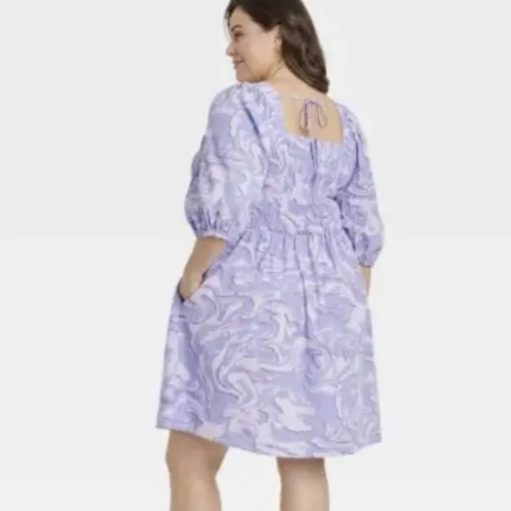 🆕🔥Ava & Viv Purple Swirl Puff Elbow Sleeve Smocked Mini Dress - Picture 2 of 5